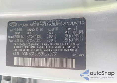 2009 Hyundai Santa Fe Gls from USA, damaged, VIN 5NMSG13D69H270761